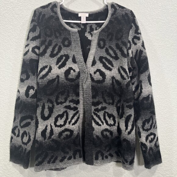 Chicos Cardigan Sweater Womens 2 Large Gray Black Leopard Knit Split Neck Fuzzy - Picture 1 of 7